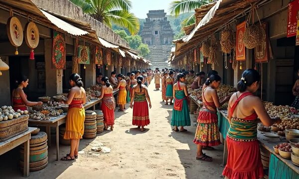 A bustling Maya marketplace with vibrant stalls offering jade jewelry, cacao, tropical fruits, and pottery, rich in cultural charm