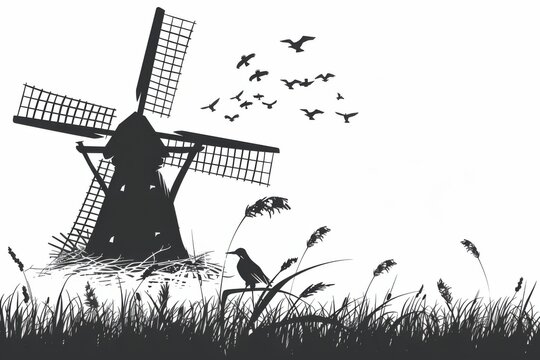 Ethereal silhouette of a windmill against a serene gray sky - Powered by Adobe