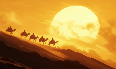 Silhouette of a desert scene with a camel caravan crossing under a golden sun, their shadows stretching across the dunes