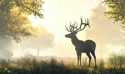 Silhouette of a majestic deer standing in a misty forest clearing, its antlers large and branching out gracefully