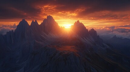 Naklejka premium Majestic Mountains Glowing Sunset Dramatic Landscape