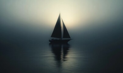 Silhouette of a sailing ship on a misty ocean at dawn, its sails gently catching the first light of day