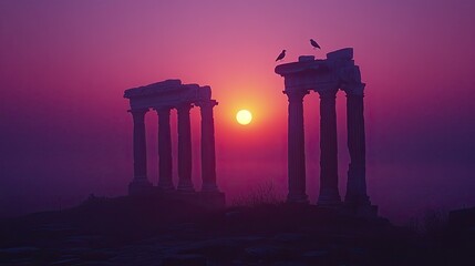 Fototapeta premium Ancient Ruins Silhouetted Against a Vibrant Sunset