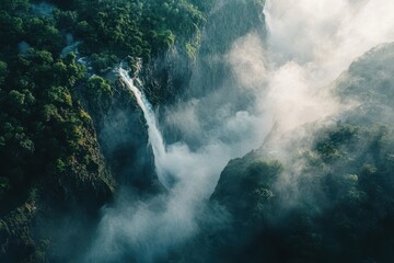Majestic waterfall cascading through lush green mountains engulfed in mist at dawn