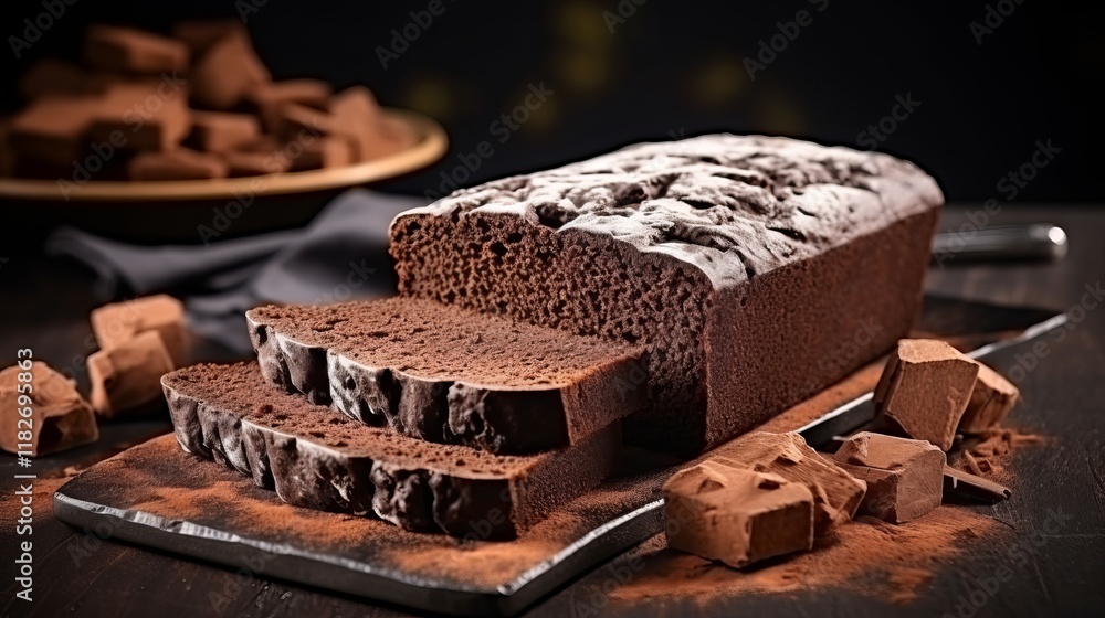Poster decadent chocolate loaf with rich cocoa and silky texture on rustic table. generative ai