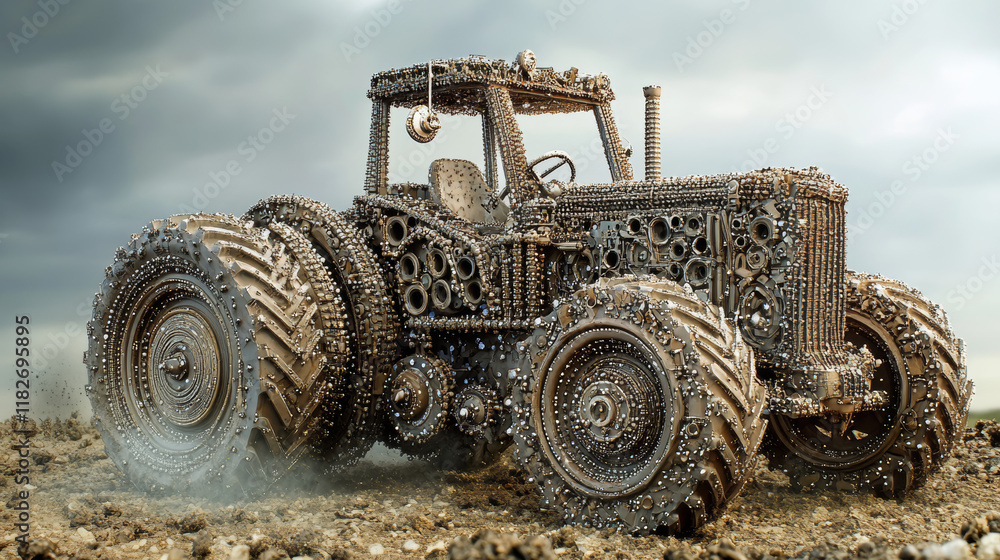 Poster tractor particles. the tractor consists of small circles and dots.
