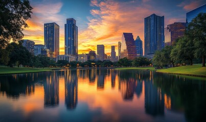 Naklejka premium Modern Skyscrapers Reflecting Sunset in Business District