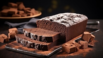 Decadent chocolate loaf with rich cocoa and silky texture on rustic table. Generative AI