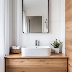Fototapeta premium Minimalist white bathroom with a rectangular mirror and warm wooden tones