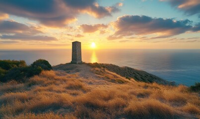Monument on hilltop with panoramic view of ocean at sunset.