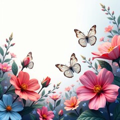 Delicate white butterflies flutter around vibrant flowers on a stark white background , elegance, design, background