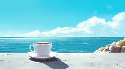 A close-up shot of a coffee cup on a table at a seafront cafe, with the tranquil ocean view in the background, evoking a peaceful, relaxing vibe. Seafrost. Illustration