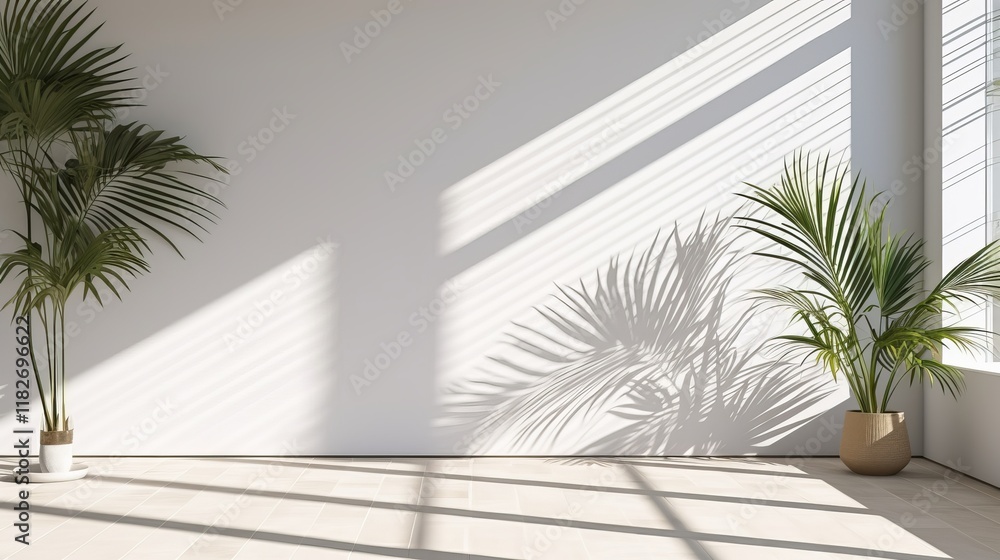 Aufkleber sunlight dances on the floor with shadows of lush greenery in a modern space. generative ai