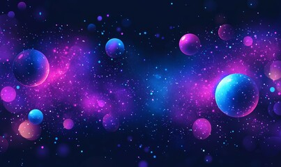Mystical cosmic scene with glowing purple and blue nebula, floating orbs of energy, and a dark space backdrop