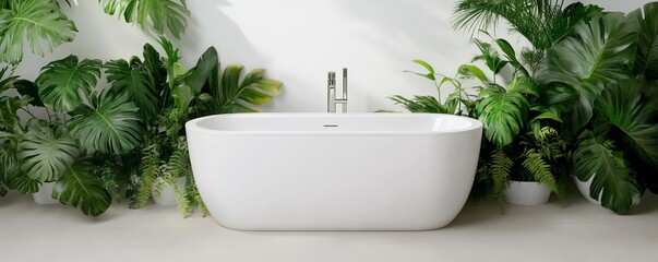 Nature-inspired white bathroom with a freestanding tub surrounded by plants