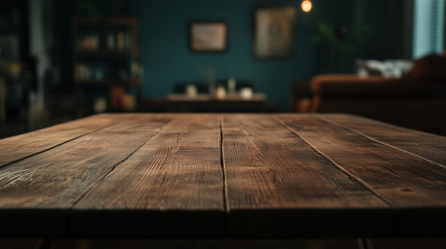 A wooden table surface in a living room, empty product background - low angle, nighttime, home interior - foreground, shallow depth of field, vignette, your product here. Empty foreground space.