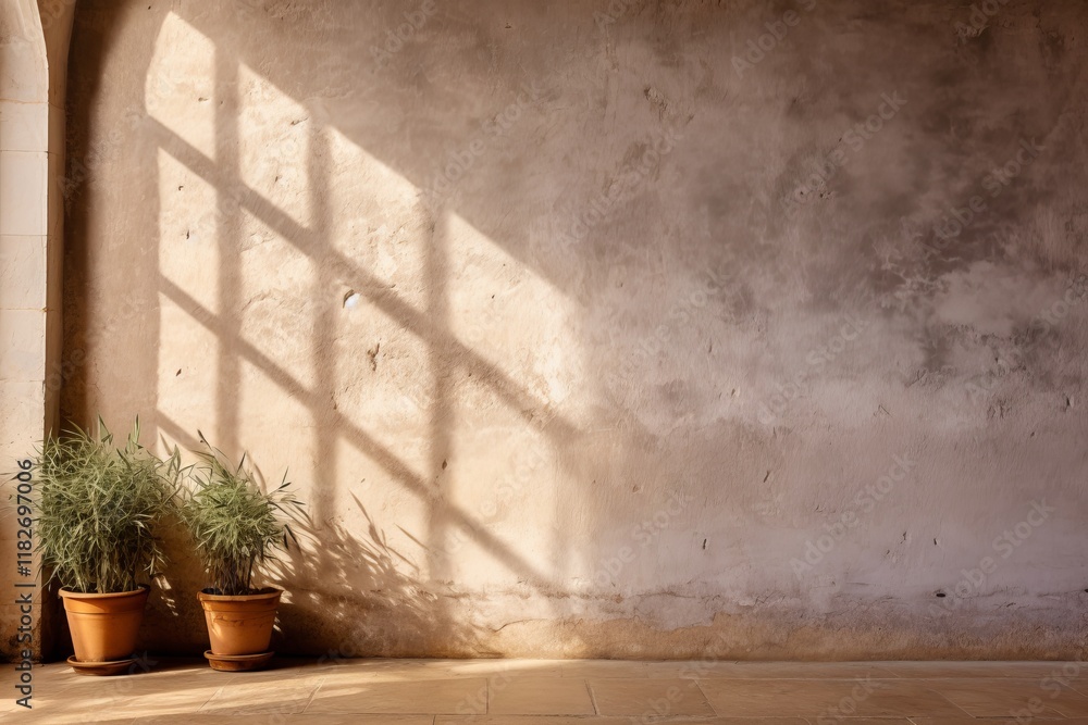 Poster sunlight filters through window panes onto a rustic wall adorned with plants. generative ai
