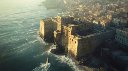 Aerial view of medieval castle on seafront in historic center of naples, italy. royal seat for kings of naples and aragon. generative ai. Seafrost. Illustration