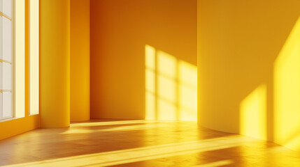 an empty yellow room interior - natural daylight from a window. Background, vivid marigold colored walls and floor.