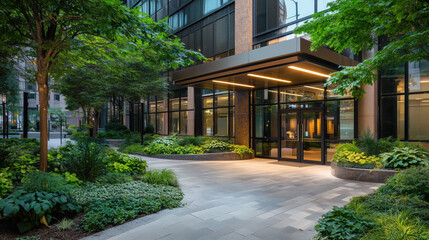A Traditional Corporate Office Building with a Glass Entrance, Surrounded by Greenery and Urban Streets