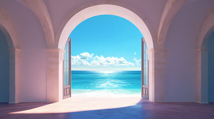 Arched seafront view, open doors, bright blue sky, tranquil ocean horizon, serene architecture, sunny day ambiance. Seafrost. Illustration