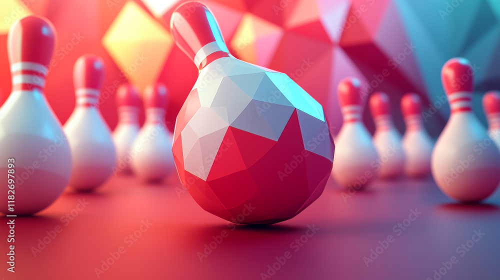 Poster hologram bowling. skittles and a bowling ball made of polygons, triangles of points and lines. bowli
