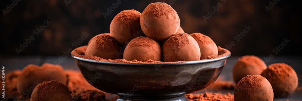 Poster delicious chocolate truffles arranged neatly in a rustic bowl. generative ai