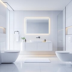 Sleek white bathroom with AI-powered controls and ambient lighting