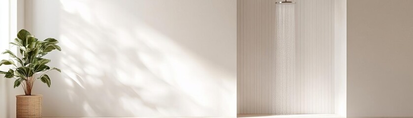 Obraz premium Sleek white bathroom with an open shower concept and waterfall showerhead