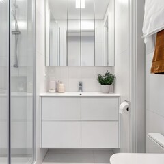 Fototapeta premium Small bathroom with a clean white palette, enhancing the illusion of space