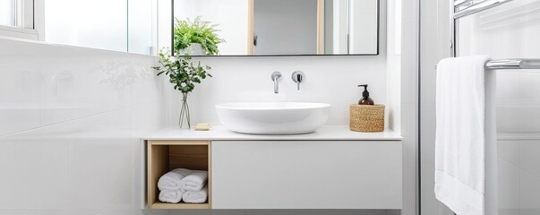 Small white bathroom with built-in storage, floating sink, and frameless mirror