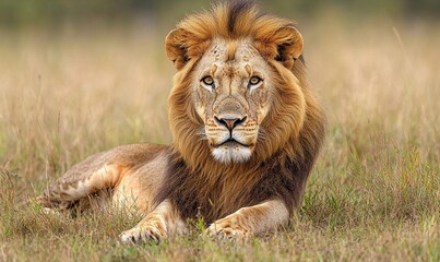 Obraz premium Majestic Male Lion Relaxing in the African Grasslands. Wildlife Photography