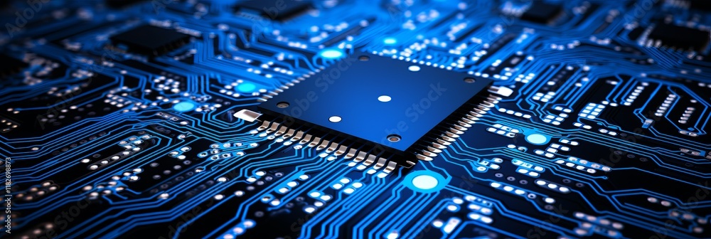 Poster explore the intricate world of microchip technology in a vibrant electronic circuit. generative ai