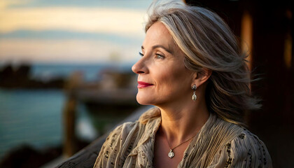 Serene mature woman with graying hair, gazing thoughtfully at a sunset ocean view.