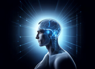 Obraz premium A profile view of a human head, transparent to reveal an illuminated brain and complex neural pathways. This medical image suggests intelligence and mental processes.