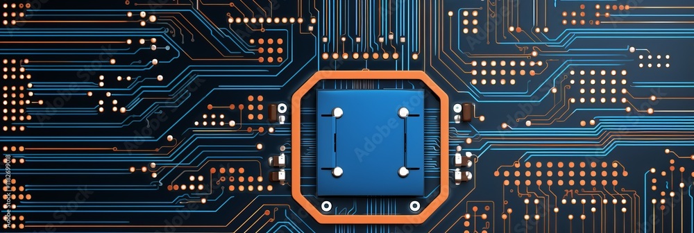 Poster intricate circuitry design showcasing a central processing unit in blue and orange. generative ai