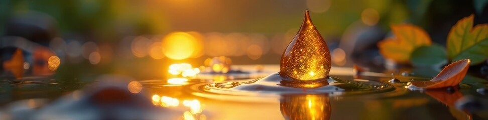 Glistening gold droplet suspended in mid-air above water surface, suspension, liquid, gold