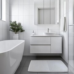 White bathroom featuring innovative storage solutions and creative layouts
