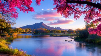 Serene landscape at sunset with vibrant pink flowering trees framing a tranquil lake and mountain vista.