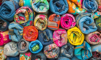 Pile of blue jeans with a variety of colors and patterns. The jeans are rolled up and stacked on top of each other