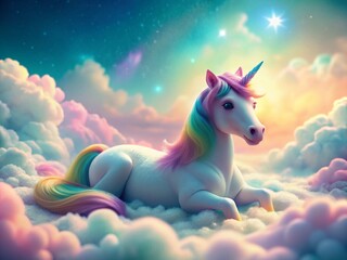 Fototapeta premium Adorable Rainbow Unicorn Napping on Fluffy Clouds - Fantasy Stock Photo