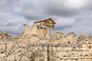 Dougga, Beja, Tunisia. The Capitol Temple at the Roman ruins.