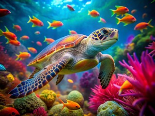 Naklejka premium Adorable Sea Turtle Swimming in Vibrant Coral Reef - Children's Illustration