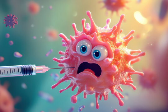 Scared virus being shot by vaccine syringe. Funny colorful cartoon illustration. Health, benefits of vaccination for children