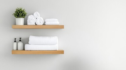 White bathroom with a floating wooden shelf for towels and decor