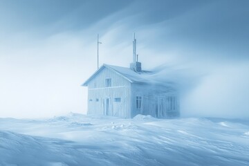 A blizzard sweeps across a desolate winter landscape, enveloping a lonely wooden house in thick snow. Wind howls fiercely, creating an ethereal atmosphere of isolation