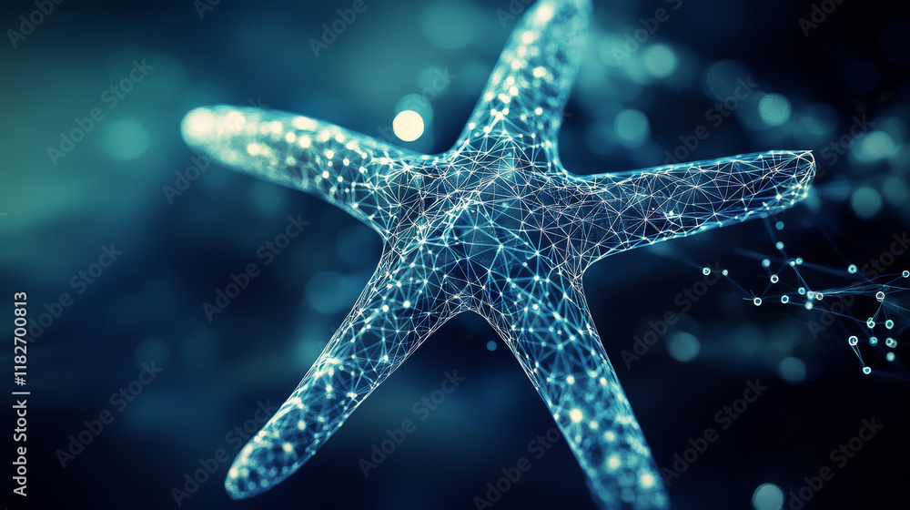 Poster a hologram of a starfish. a starfish made of polygons, triangles of points and lines. the starfish i