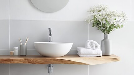 White bathroom with a live-edge wooden countertop and soft gray accents