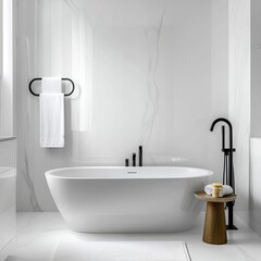 Fototapeta premium White bathroom with a seamless infinity-edge tub and luxurious fixtures