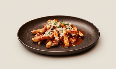 Fototapeta premium Delicious poutine featuring crispy fries, cheese curds, and rich gravy on a dark plate with a muted backdrop